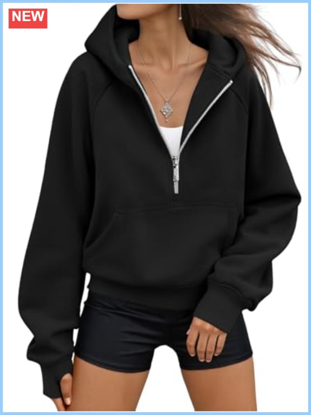 Half Zip Fleece Lined Crop Hoodie Drop Shoulder Long Sleeve Pullover Sweatshirt